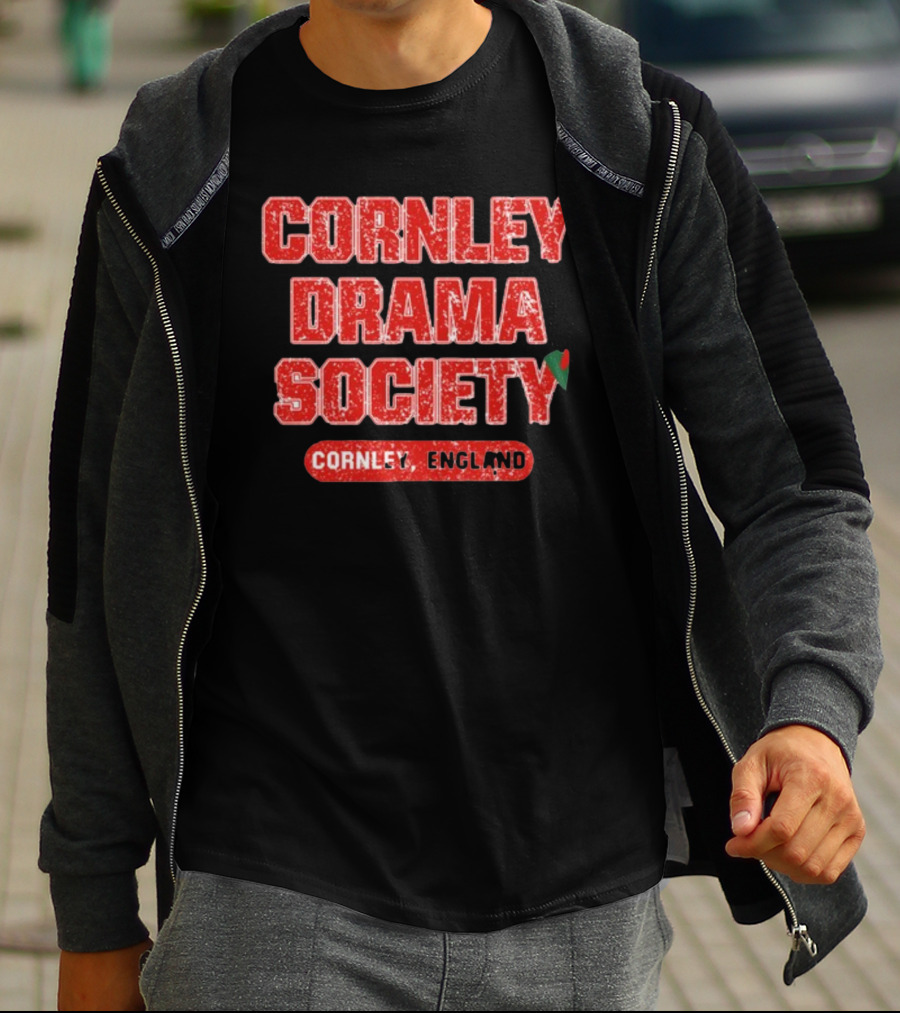 Cornley Drama Society England Red Distressed Text With Holly Leaf T-Shirt