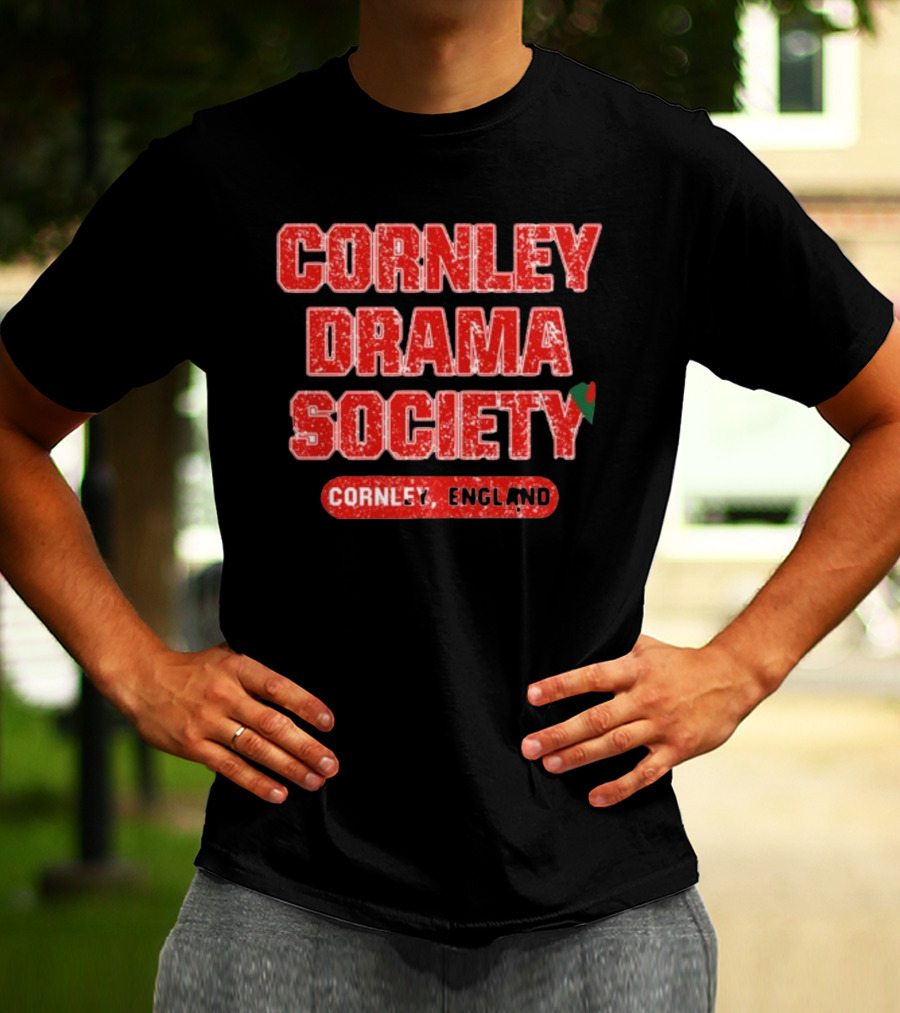Cornley Drama Society England Red Distressed Text With Holly Leaf T-Shirt