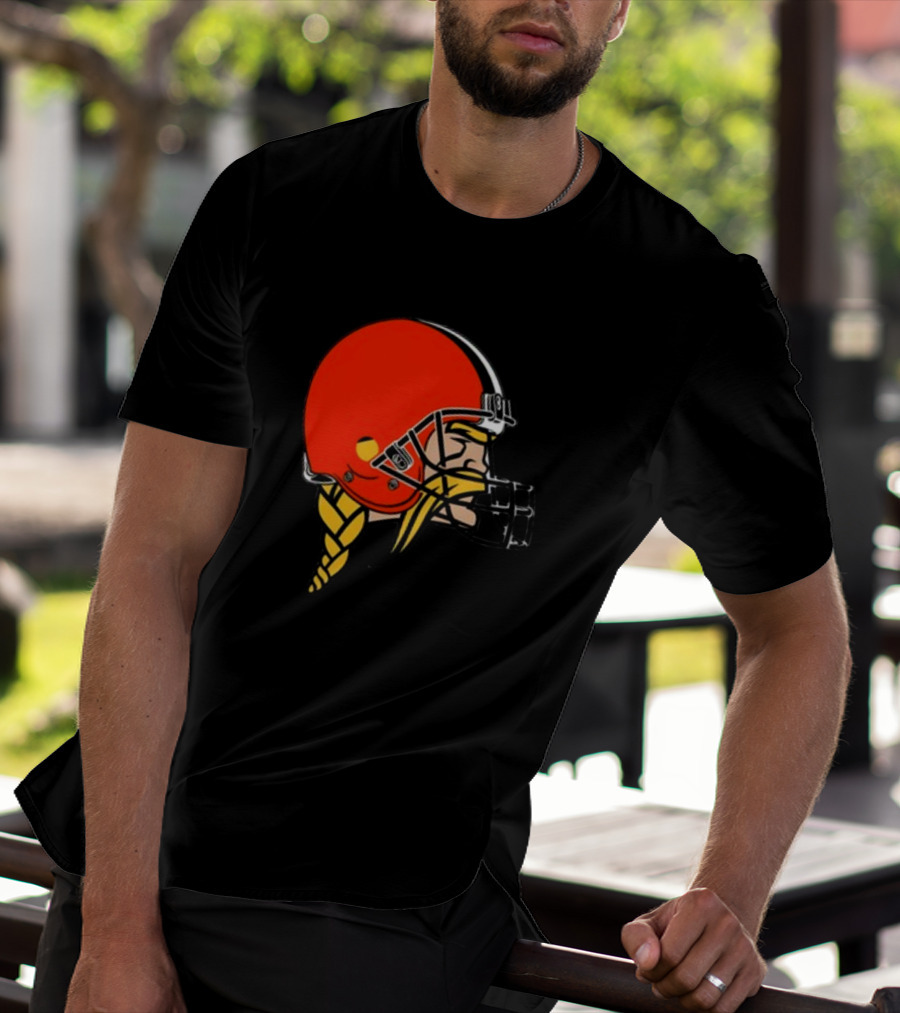 Vikings Helmet Featuring Browns Colors And Iconic Braided Warrior T-Shirt