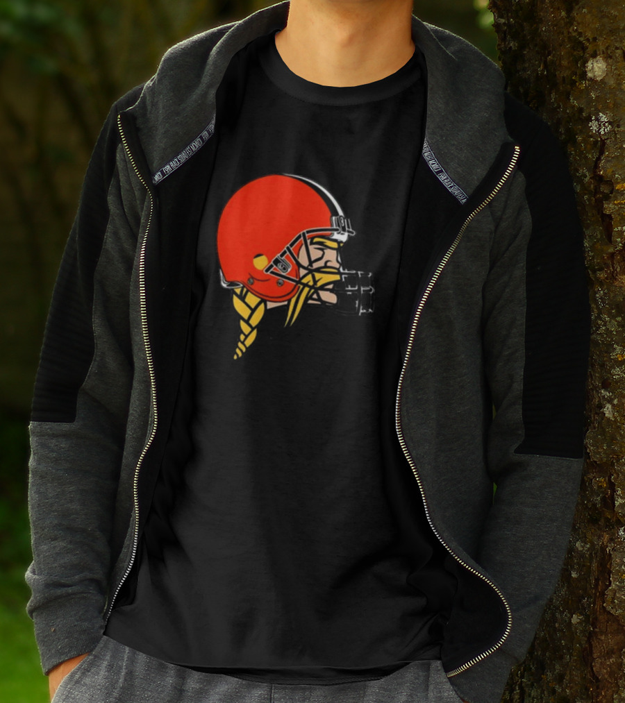 Vikings Helmet Featuring Browns Colors And Iconic Braided Warrior T-Shirt