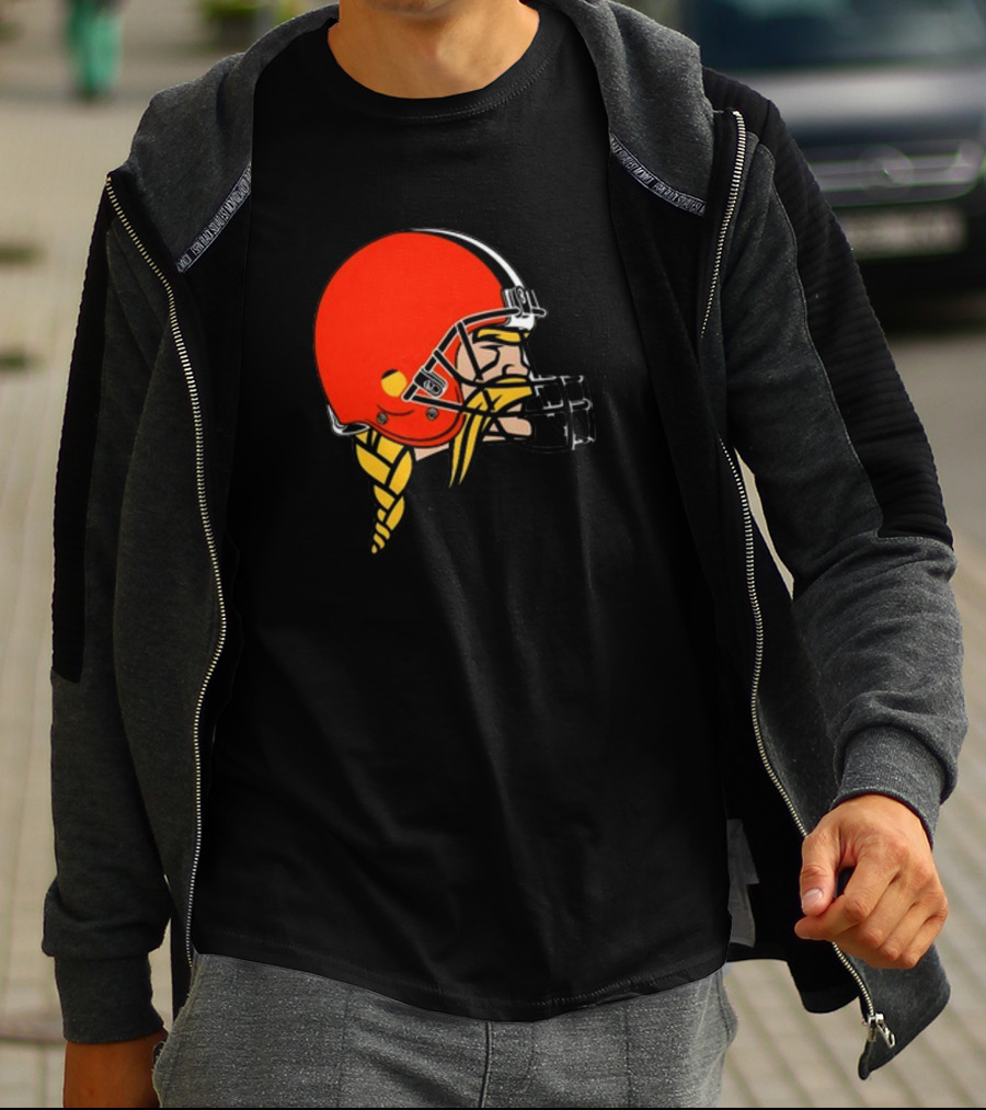 Vikings Helmet Featuring Browns Colors And Iconic Braided Warrior T-Shirt