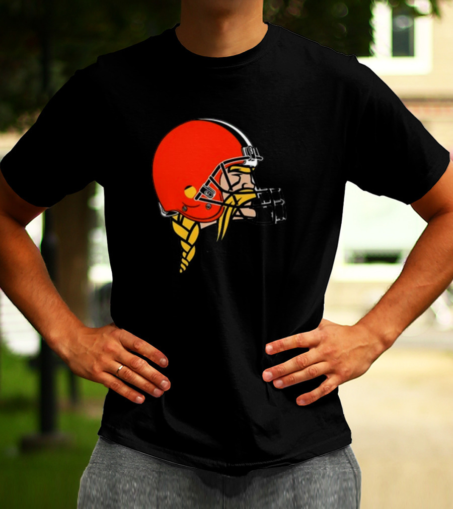 Vikings Helmet Featuring Browns Colors And Iconic Braided Warrior T-Shirt