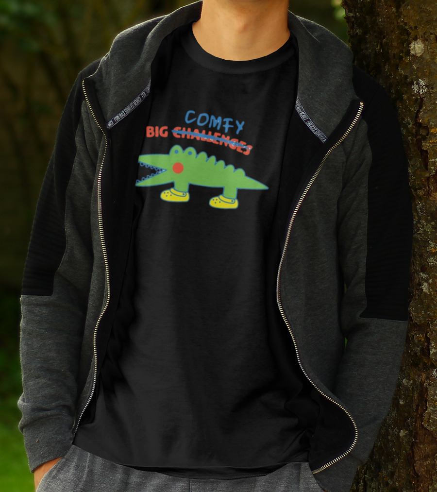 Comfy Croc Wearing Yellow Crocs With Strikethrough Big Challenges T-Shirt