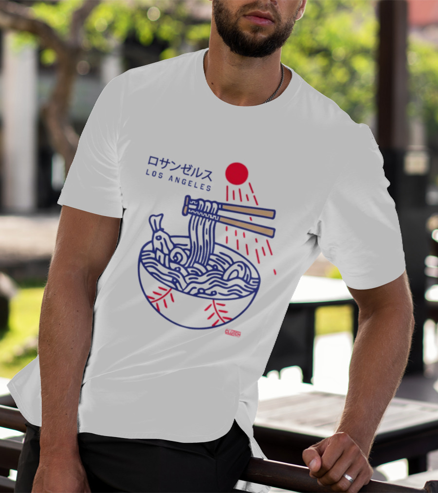 Los Angeles Ramen Bowl With Chopsticks Under Red Sun - Intheclutch Chavez T-Shirt
