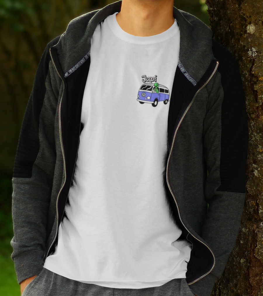 Japi Alien Character Surfer Riding Blue Peace Bus T-Shirt