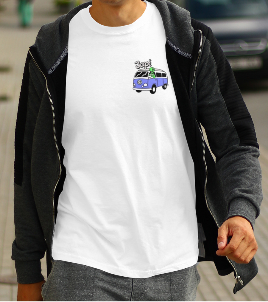 Japi Alien Character Surfer Riding Blue Peace Bus T-Shirt