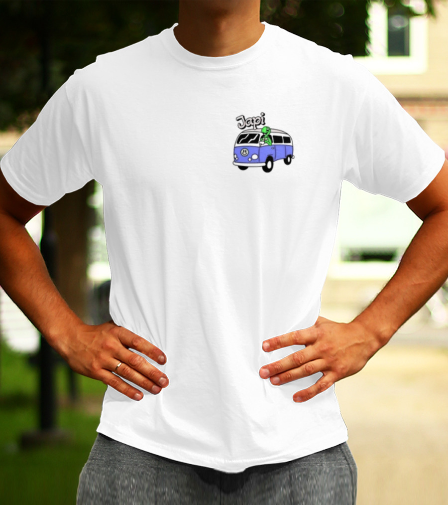 Japi Alien Character Surfer Riding Blue Peace Bus T-Shirt