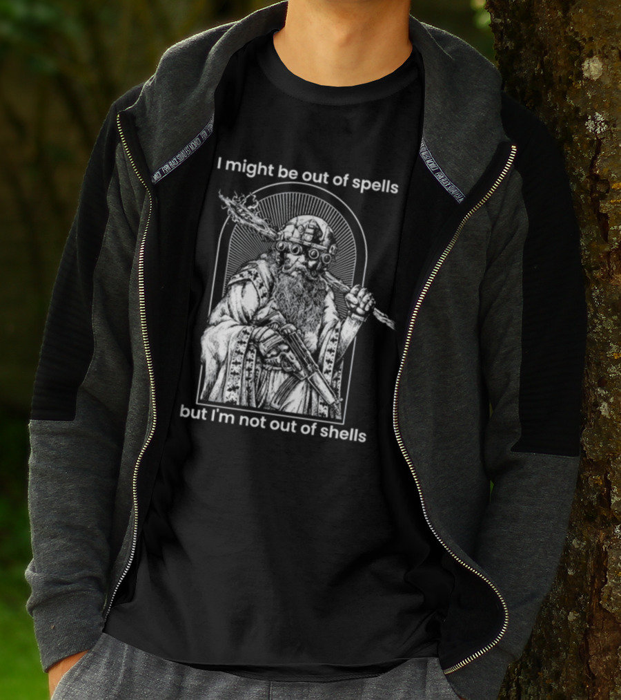 Samwise7rpg I Might Be Out Of Spells But I'm Not Out Of Shells Wizard Holding Shotgun And Staff T-Shirt