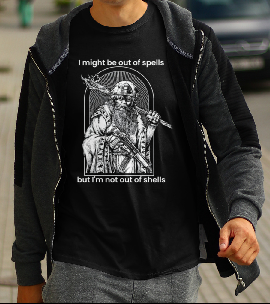 Samwise7rpg I Might Be Out Of Spells But I'm Not Out Of Shells Wizard Holding Shotgun And Staff T-Shirt
