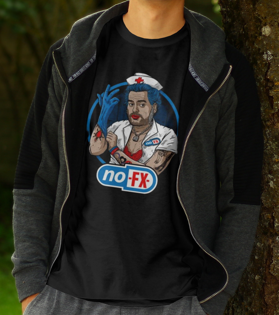 NOFX Blue Haired Nurse Mike Character In Red Lingerie With Tattoos And Blue Glove T-Shirt