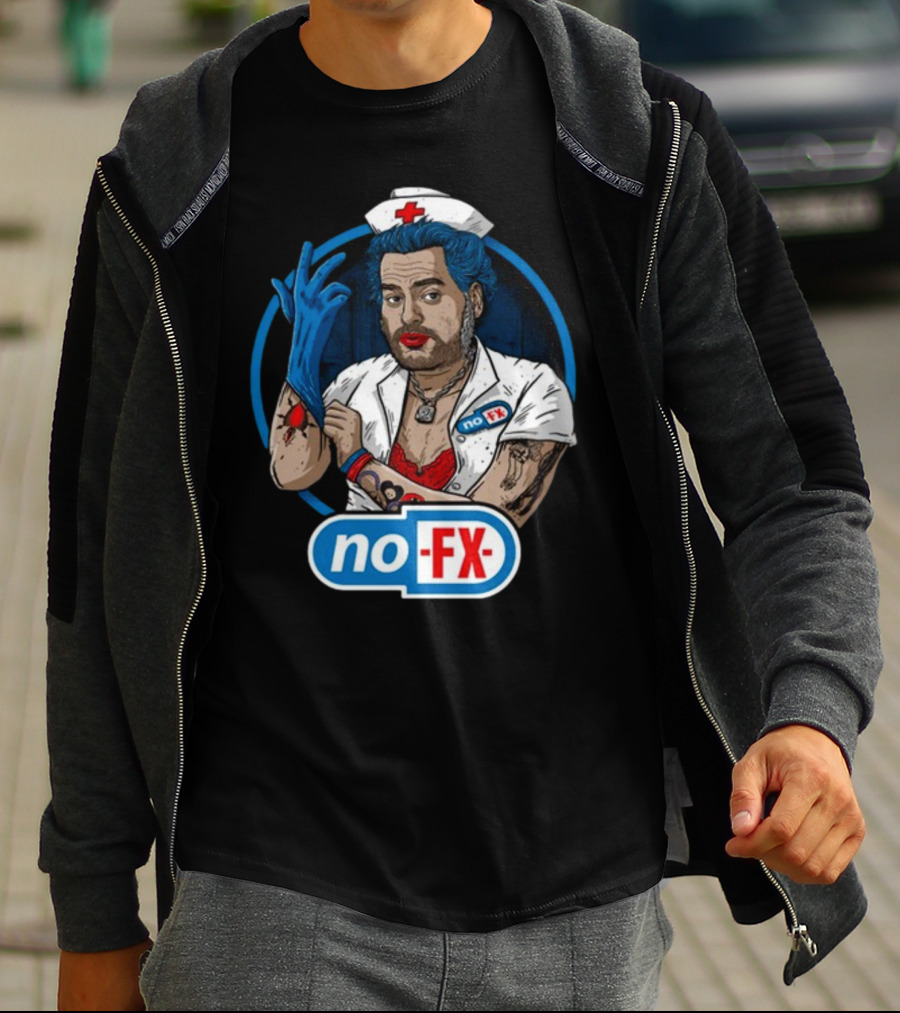 NOFX Blue Haired Nurse Mike Character In Red Lingerie With Tattoos And Blue Glove T-Shirt