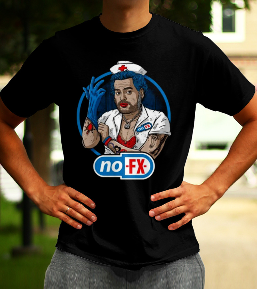 NOFX Blue Haired Nurse Mike Character In Red Lingerie With Tattoos And Blue Glove T-Shirt