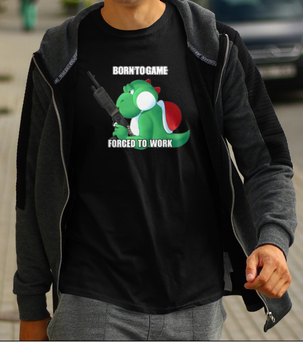 Born To Game Forced To Work Green Dinosaur Headphones Gaming Character T-Shirt