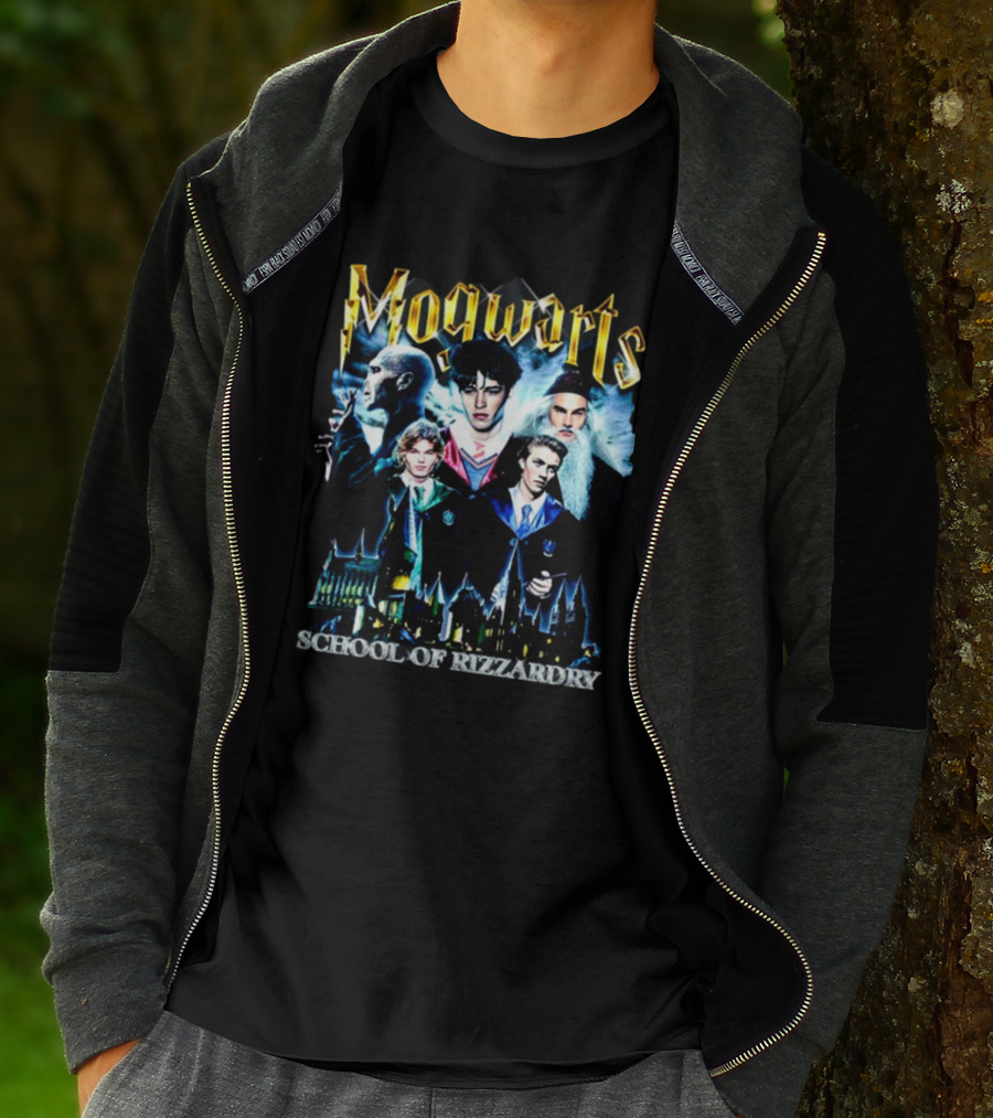 Mogwarts School Of Rizzardry Hogwarts Parody Featuring Iconic Wizard Figures And Castle T-Shirt