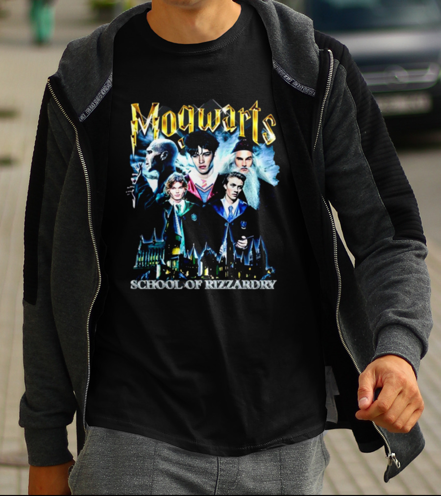 Mogwarts School Of Rizzardry Hogwarts Parody Featuring Iconic Wizard Figures And Castle T-Shirt