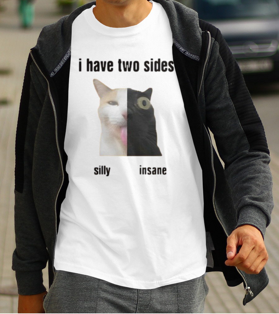 I Have Two Sides Silly Insane Cat Face Split T-Shirt