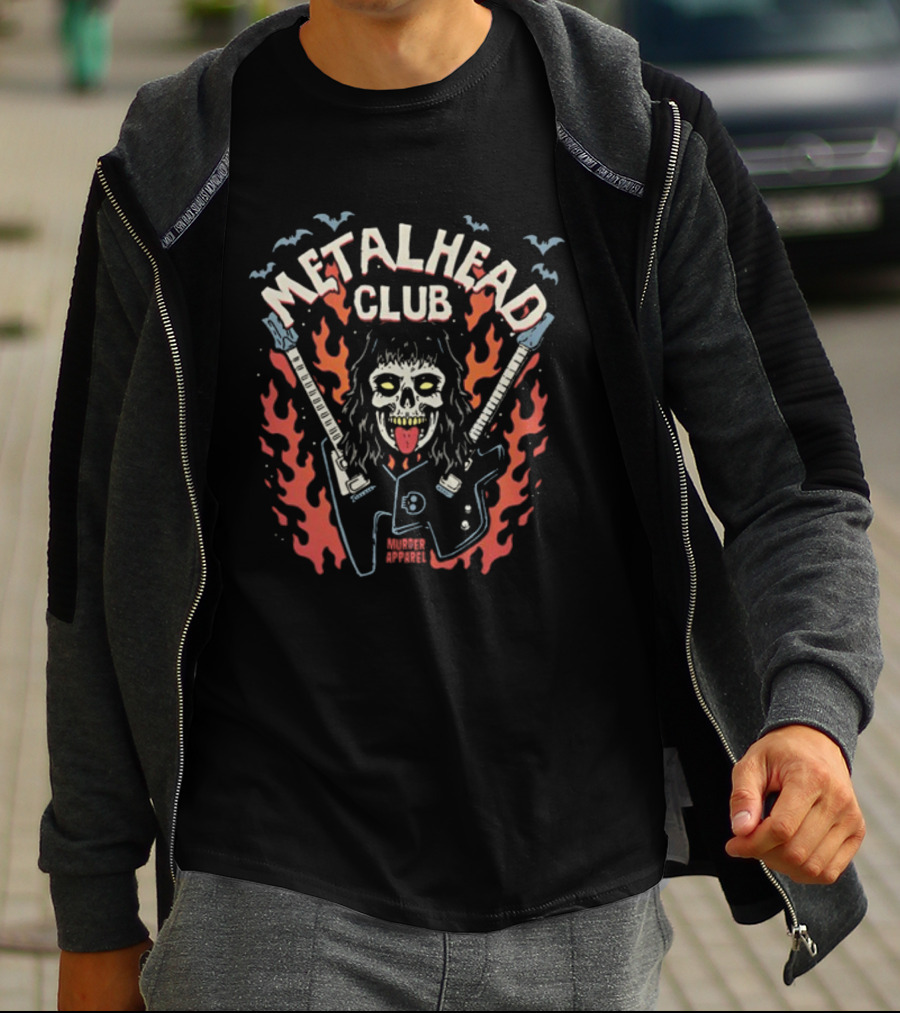 Metalhead Club Murder Apparel Flame Skull Guitars T-Shirt