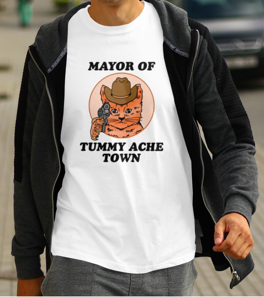 Mayor Of Tummy Ache Town Cat With Cowboy Hat And Gun T-Shirt