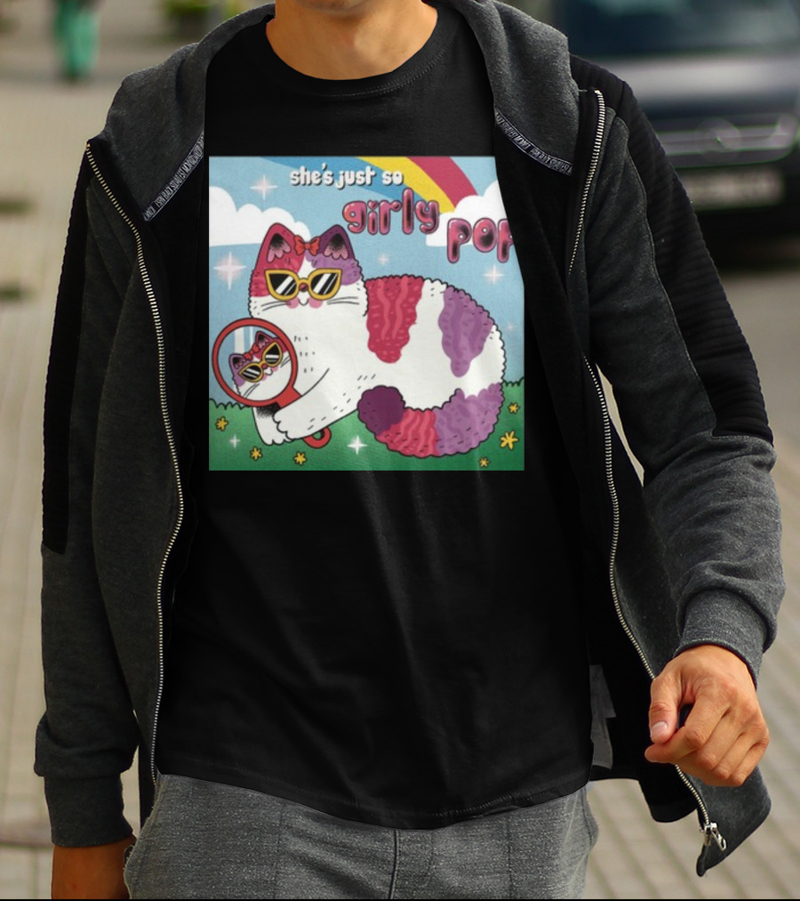 She's Just So Girly Pop Cat With Sunglasses And Mirror Under Rainbow T-Shirt