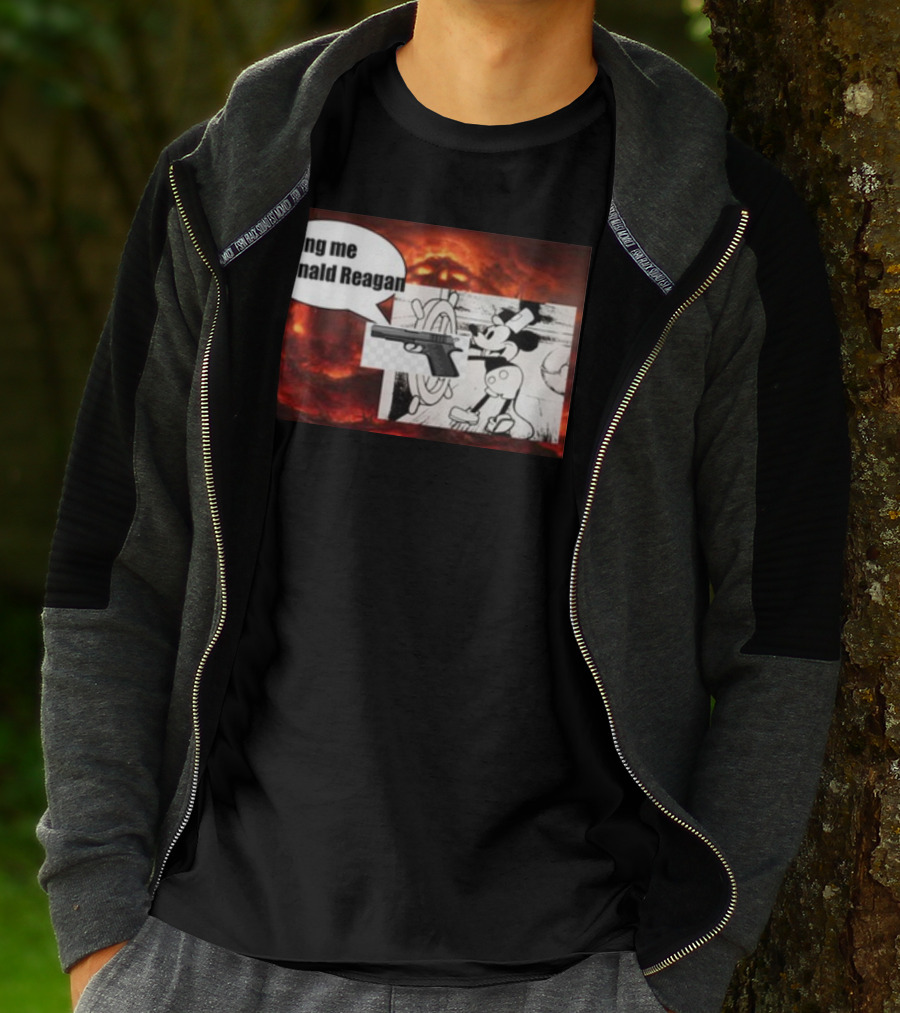 Bring Me Ronald Reagan Cartoon Character And Gun Over Fiery Background T-Shirt