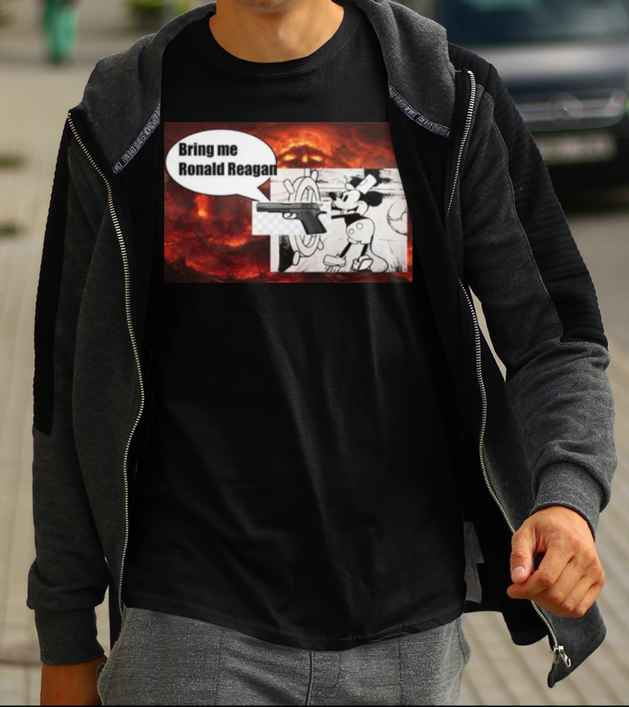 Bring Me Ronald Reagan Cartoon Character And Gun Over Fiery Background T-Shirt