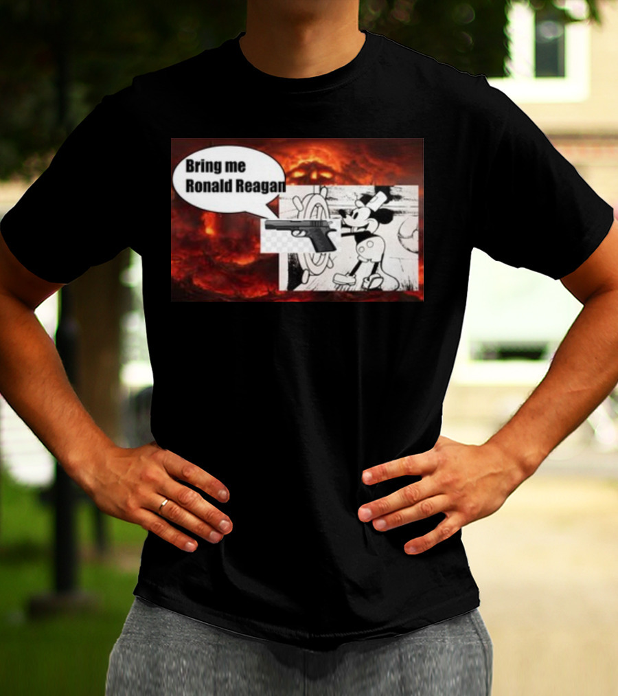 Bring Me Ronald Reagan Cartoon Character And Gun Over Fiery Background T-Shirt