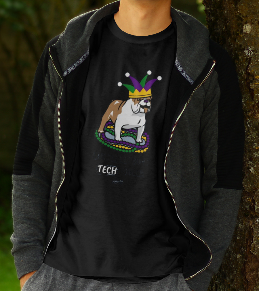 Laissez Les Bons Tech Rouler Bulldog With Mardi Gras Beads And Jester Hat Glitch T-Shirt