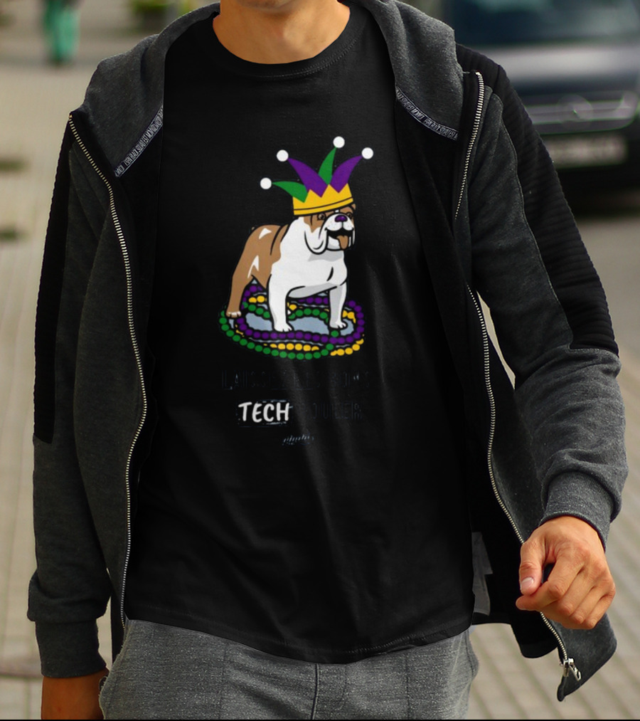 Laissez Les Bons Tech Rouler Bulldog With Mardi Gras Beads And Jester Hat Glitch T-Shirt
