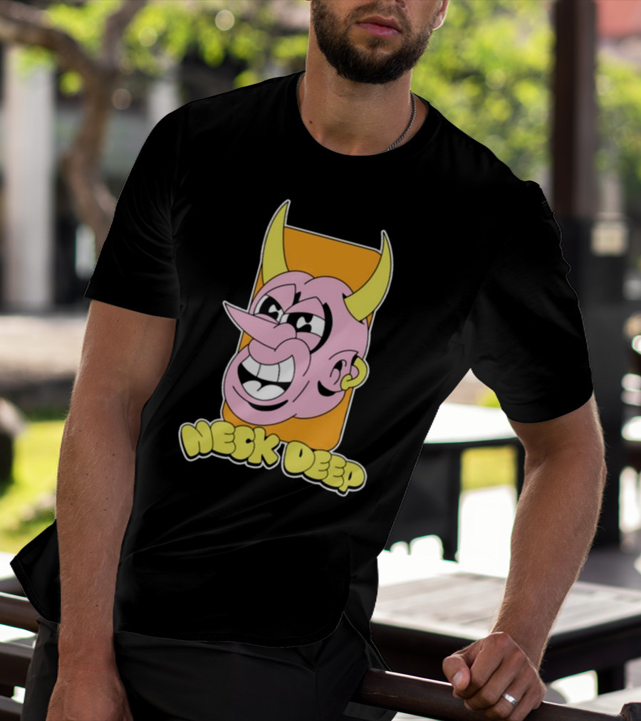 NeckDeepUK Neck Deep Cartoon Devil Face Yellow Horns Pink Head T-Shirt