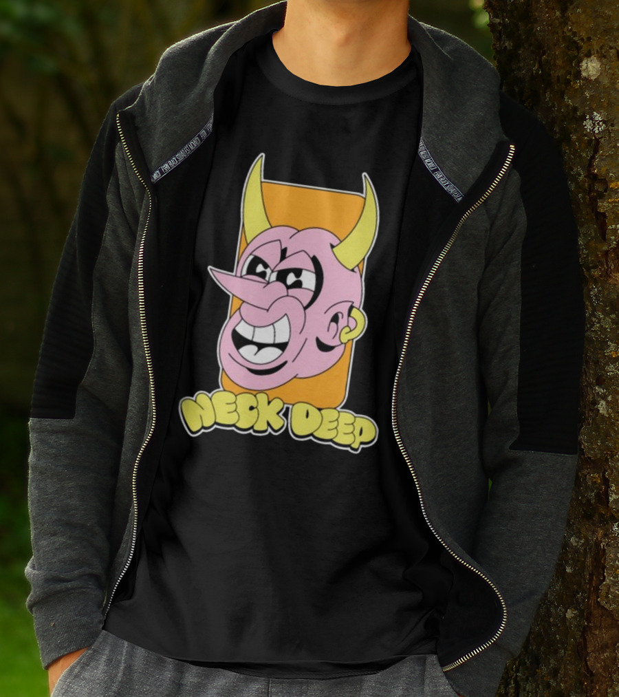 NeckDeepUK Neck Deep Cartoon Devil Face Yellow Horns Pink Head T-Shirt