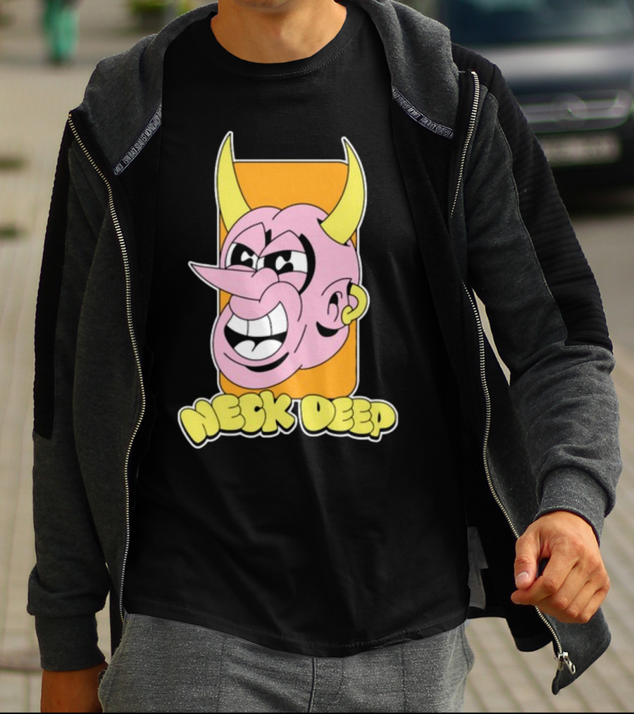 NeckDeepUK Neck Deep Cartoon Devil Face Yellow Horns Pink Head T-Shirt