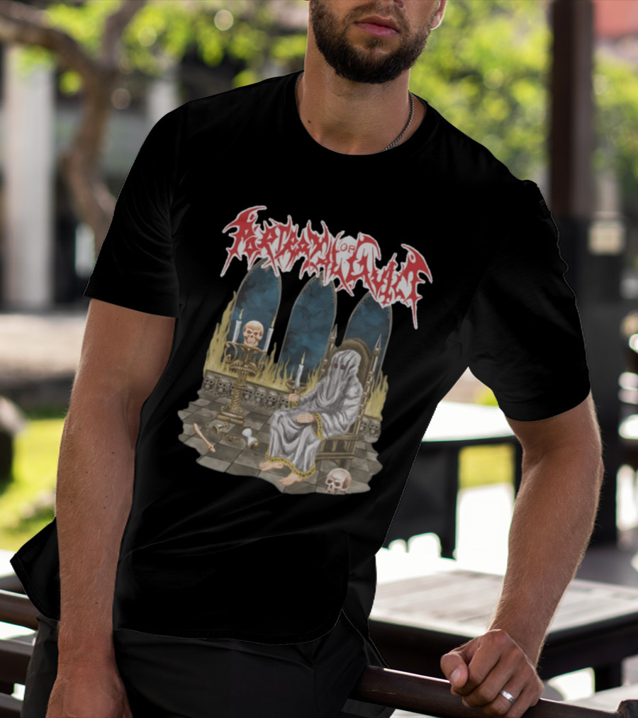 Portrayal Of Guilt Eyedust Cloaked Figure With Skull Throne And Candles T-Shirt