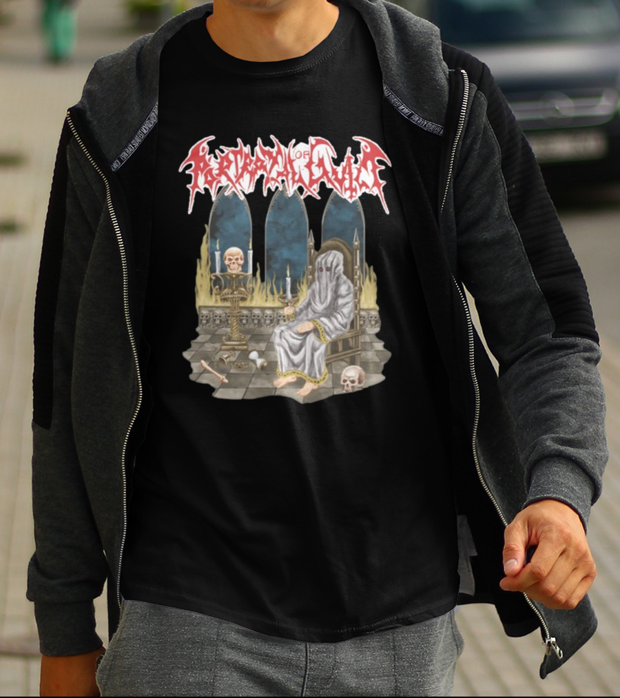Portrayal Of Guilt Eyedust Cloaked Figure With Skull Throne And Candles T-Shirt