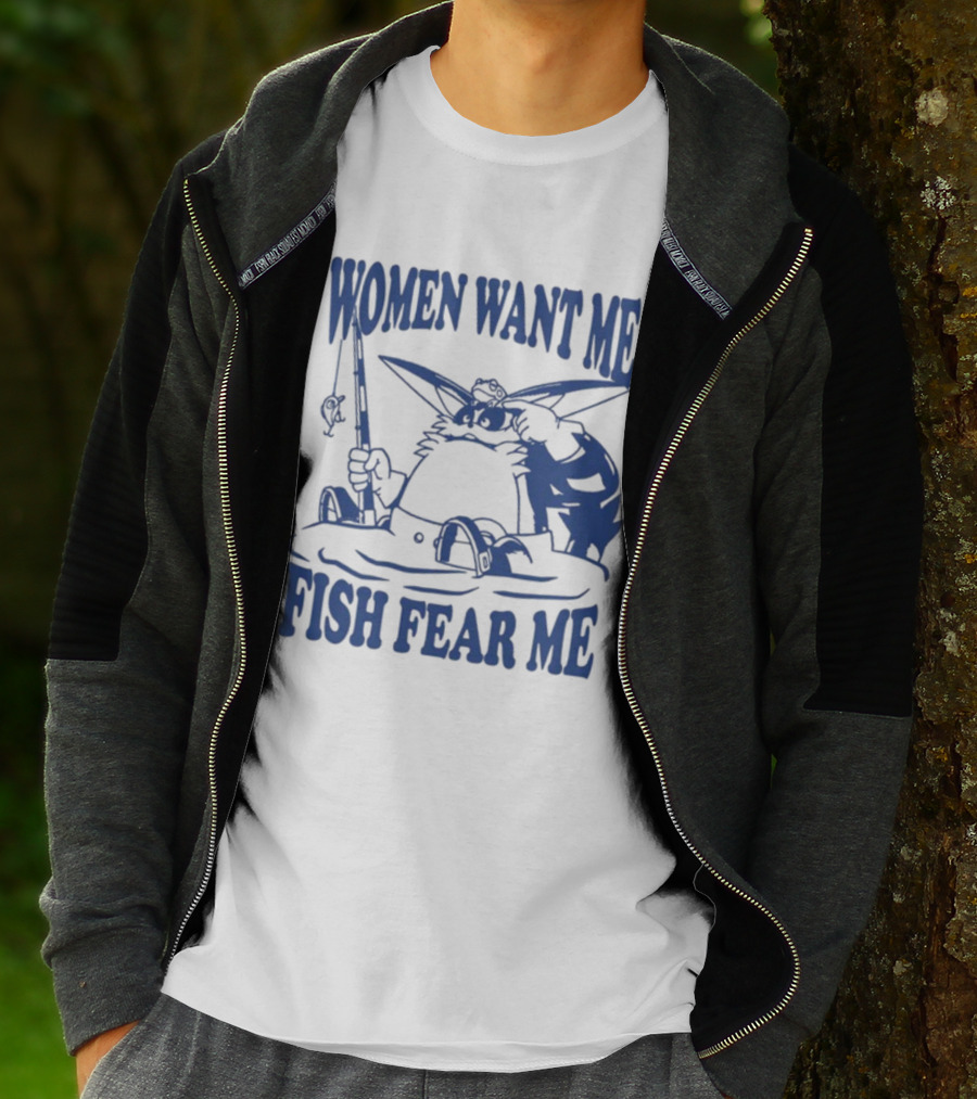Women Want Me Fish Fear Me Cartoon Cat Fishing T-Shirt