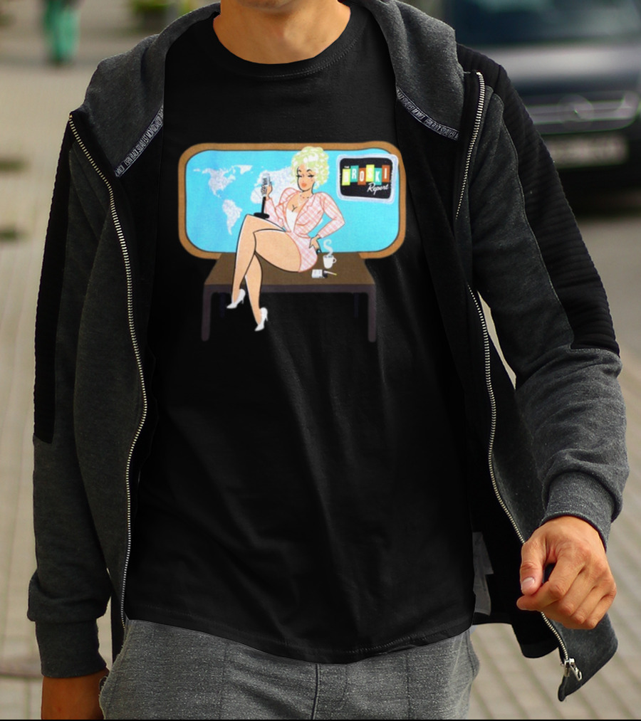 Broski Report News Blonde Host With Microphone And World Map T-Shirt