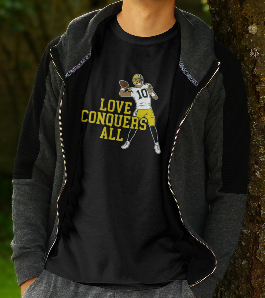 Love Conquers All Green And Yellow Number 10 Football Player T-Shirt