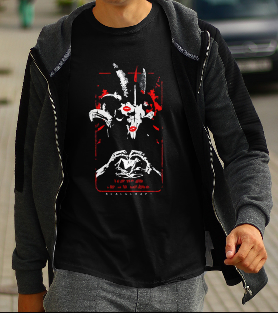 Blackcraftcult Demonic Goat Skull With Red Accents And Hand Heart T-Shirt