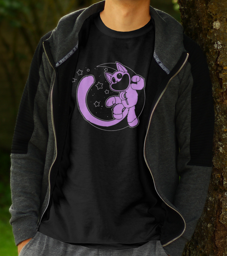 Purple Cartoon Cat With Stars And Moon T-Shirt