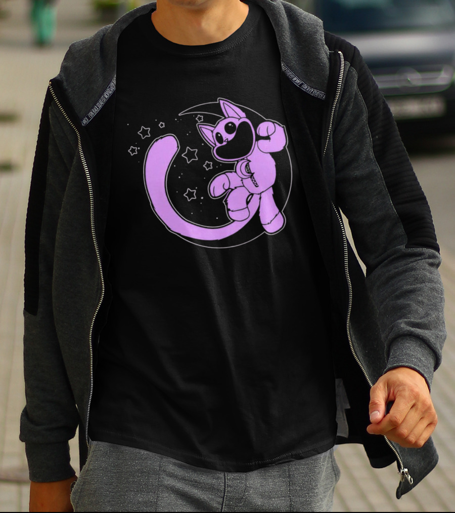 Purple Cartoon Cat With Stars And Moon T-Shirt