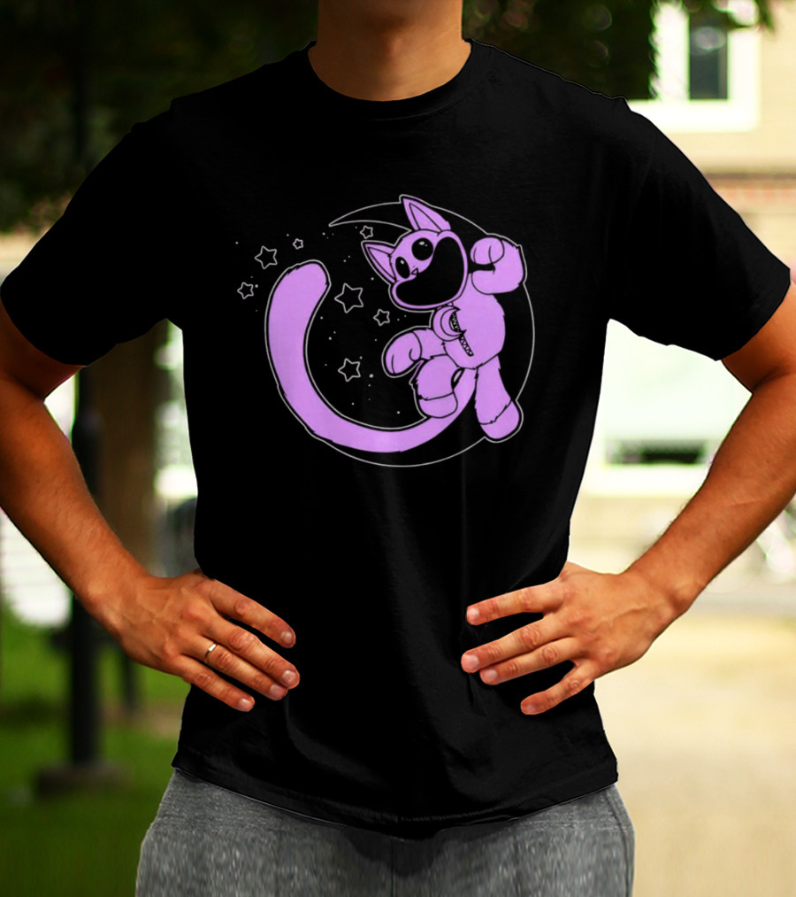 Purple Cartoon Cat With Stars And Moon T-Shirt