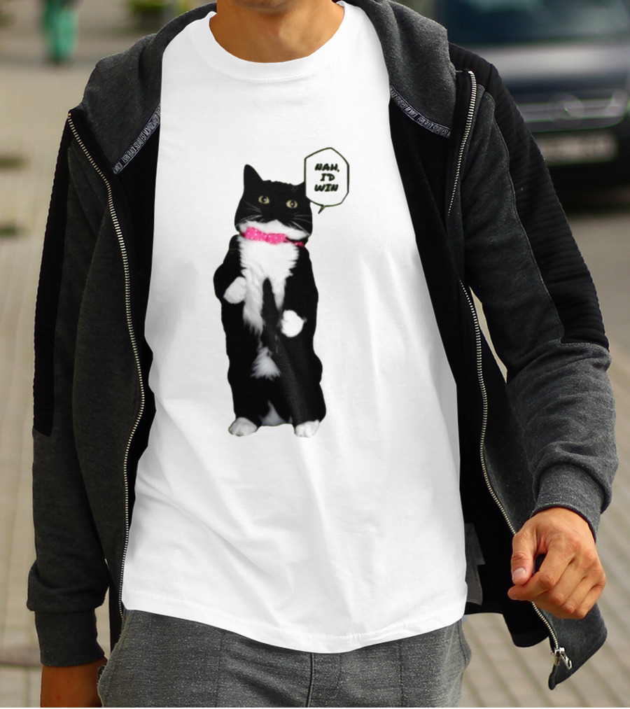 Nah I'd Win Cat Pink Collar Black And White Feline T-Shirt