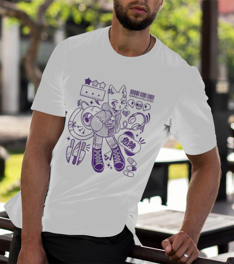 Theyetee Scratch Little Kitten Danger Barcode Skull Stars T-Shirt