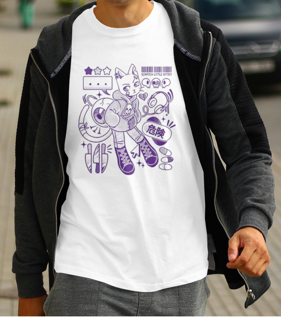Theyetee Scratch Little Kitten Danger Barcode Skull Stars T-Shirt