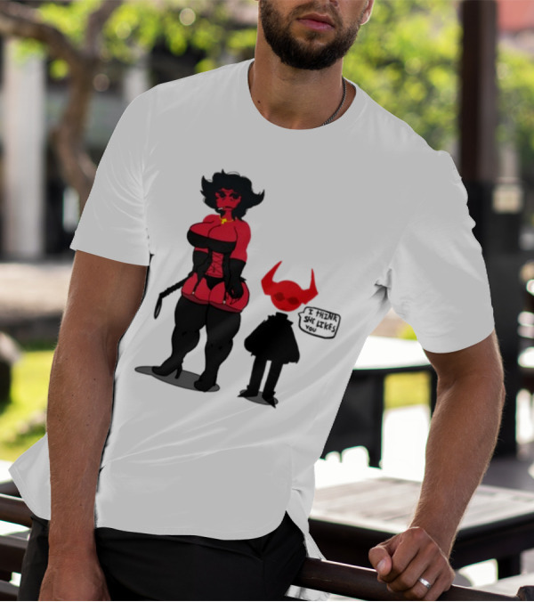 Thewboy Red Character With Devil Horns I Think She Likes You T-Shirt