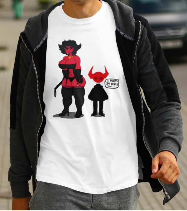 Thewboy Red Character With Devil Horns I Think She Likes You T-Shirt