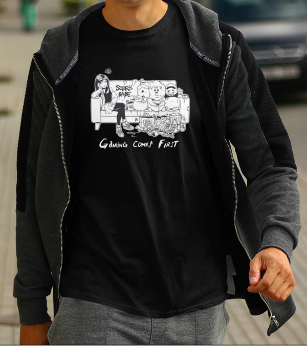 Sorry Babe Gaming Comes First Couch Scene With Characters And Fabs Rich Text T-Shirt