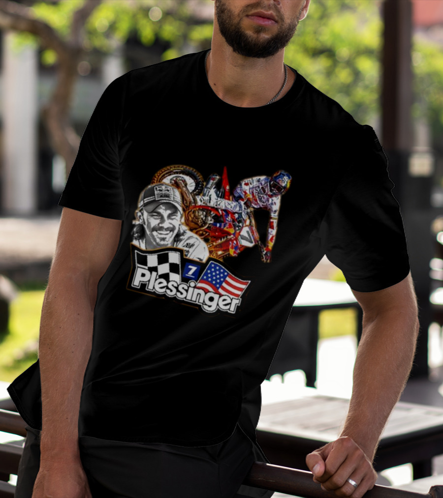 Plessinger American Motocross Racer With Flags And Checkered T-Shirt