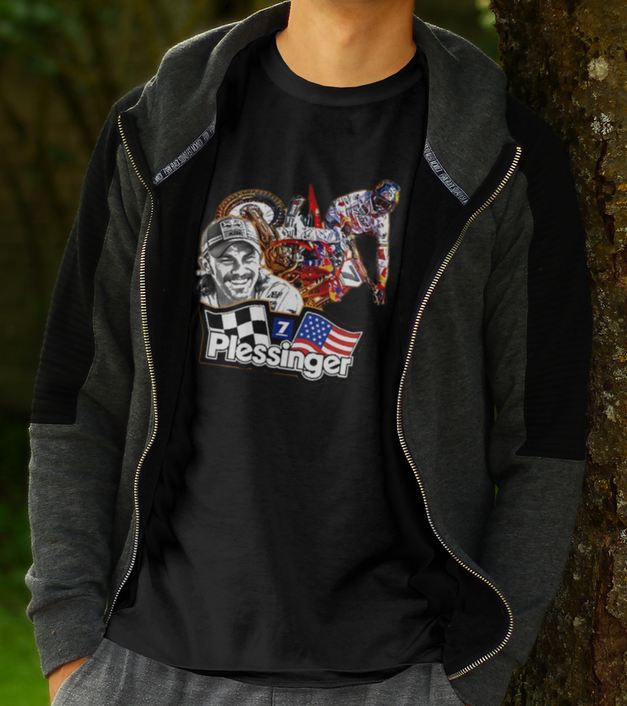 Plessinger American Motocross Racer With Flags And Checkered T-Shirt