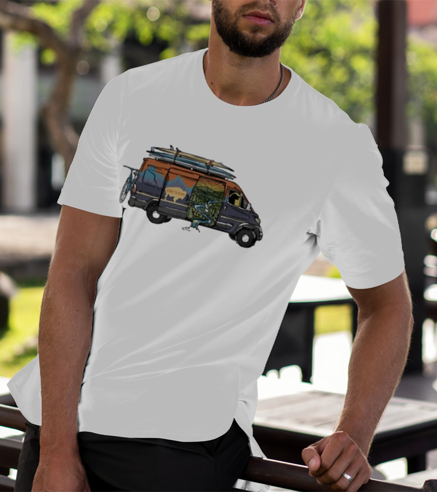 Born To Roam Adventure Camper With Surfboards And Bicycles T-Shirt