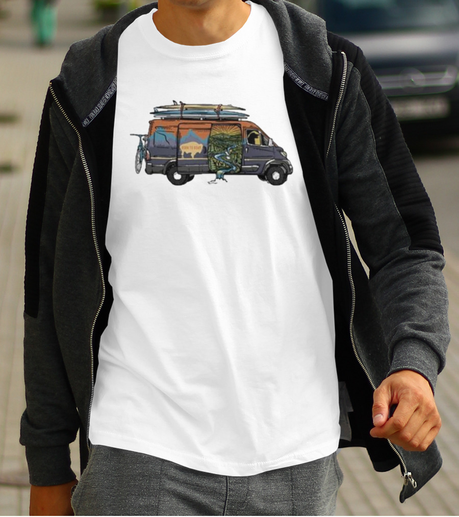 Born To Roam Adventure Camper With Surfboards And Bicycles T-Shirt